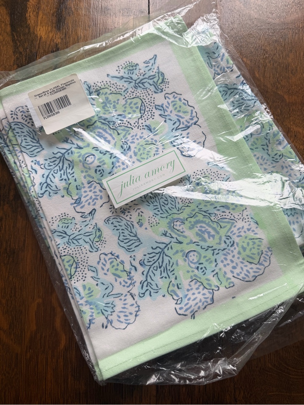NWT Julia Amory Floral Cotton Placemat and Napkins Set (4 each), Mint and Blue